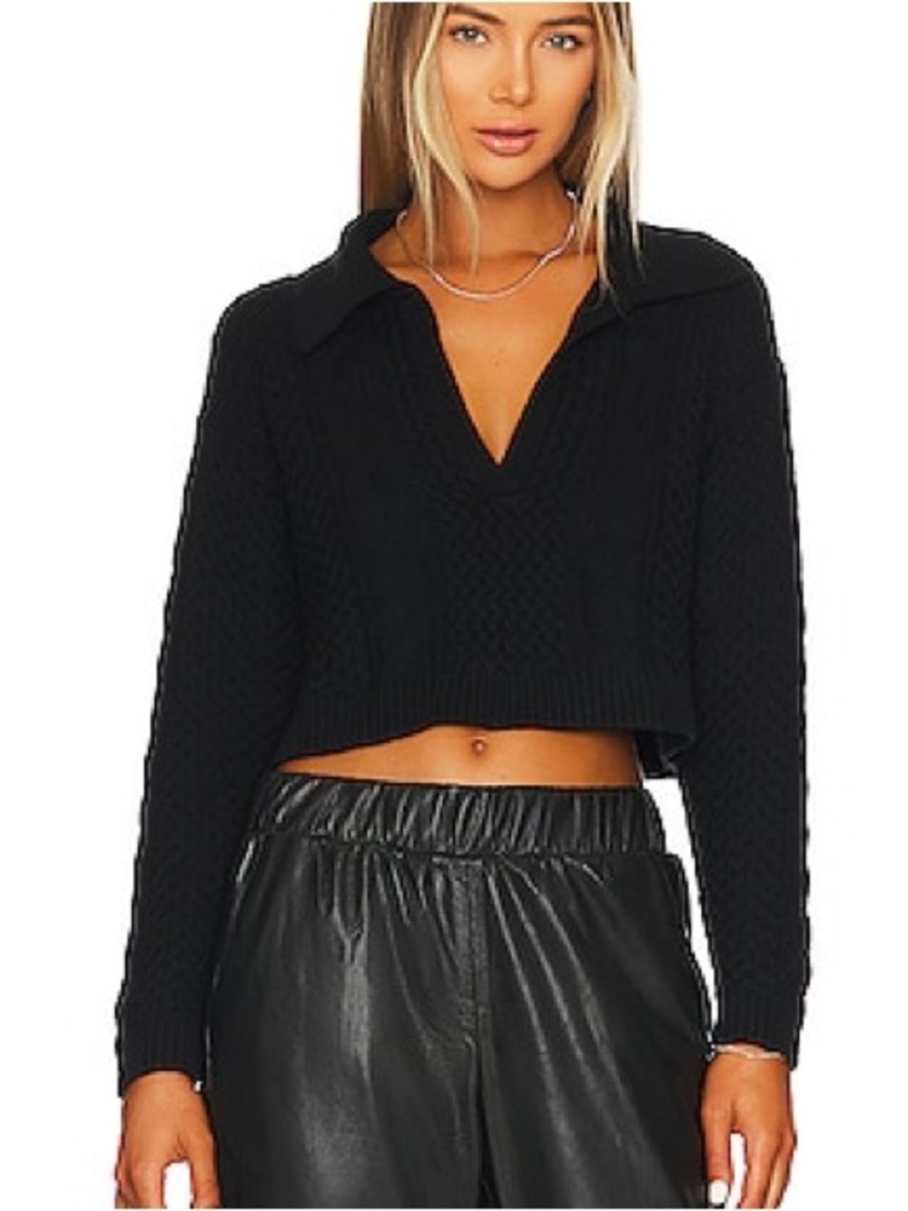 L’Academie Black Cable Knit Cropped Polo Sweater Size M